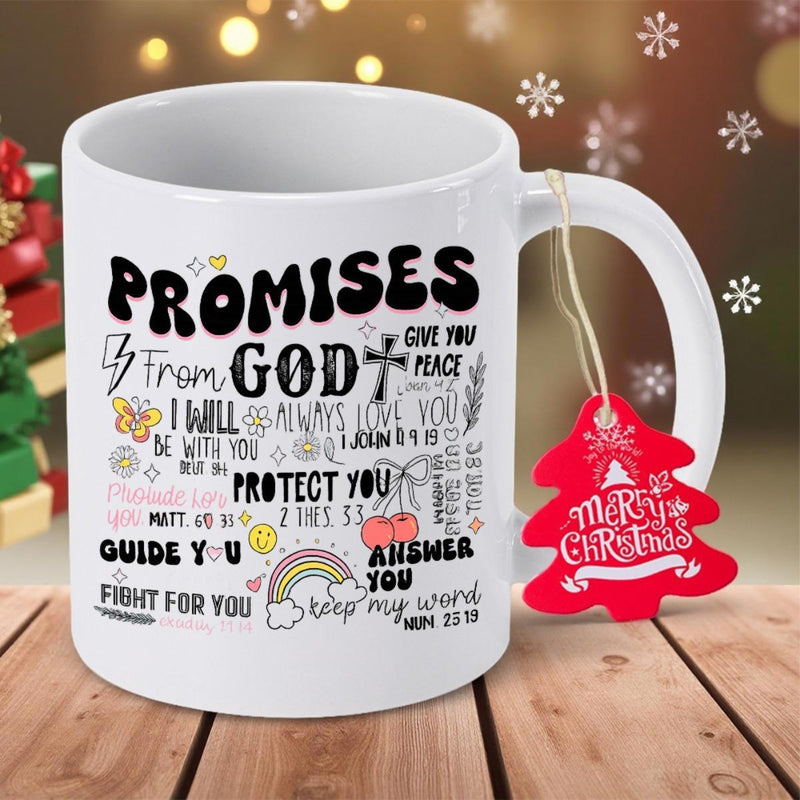 Tailorly White Ceramic 11 oz Mug - Promises From God Retro Groovy Typography Featuring Sacred Cross And Hearts Mug