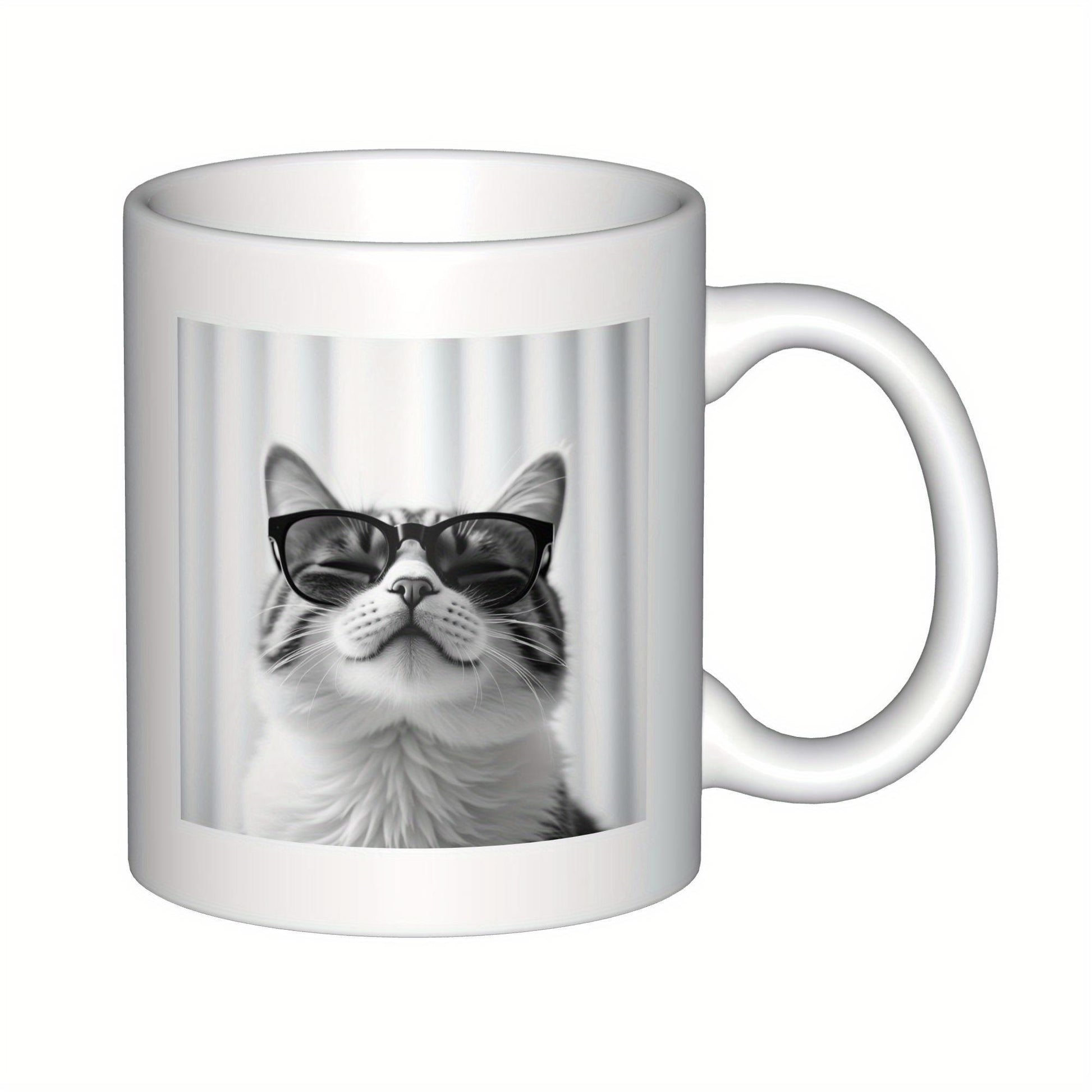 Tailorly White Ceramic 11 oz Mug - Cool Domestic Feline Wearing Stylish Black Sunglasses Sitting Against Striped Background Cat