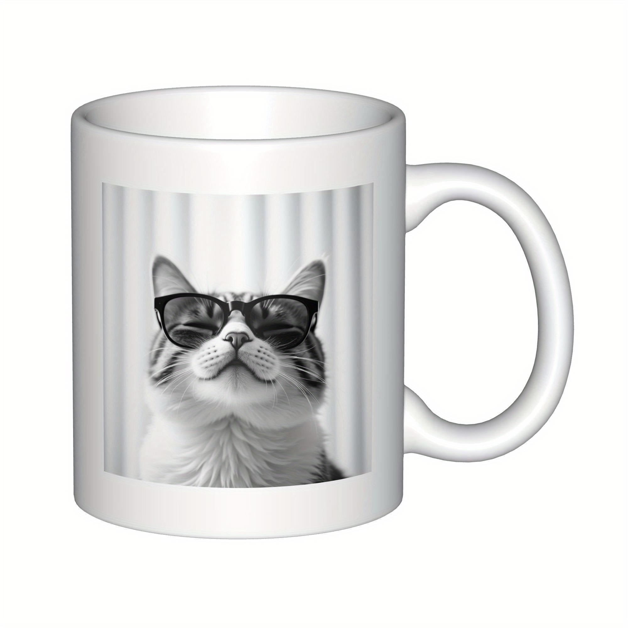 Tailorly White Ceramic 11 oz Mug - Cool Domestic Feline Wearing Stylish Black Sunglasses Sitting Against Striped Background Cat