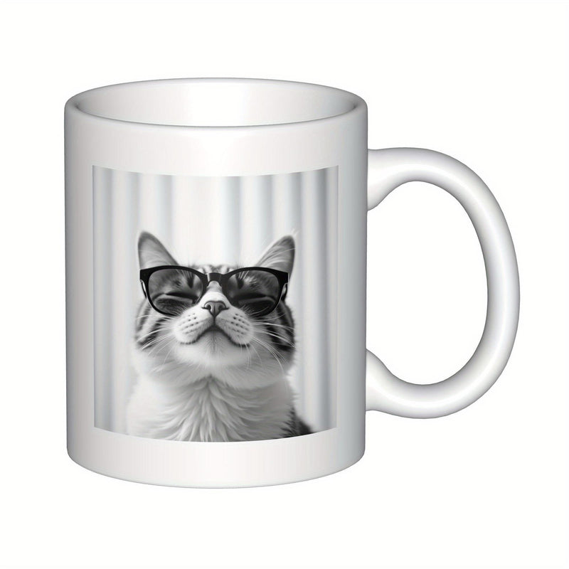 Tailorly White Ceramic 11 oz Mug - Cool Domestic Feline Wearing Stylish Black Sunglasses Sitting Against Striped Background Cat