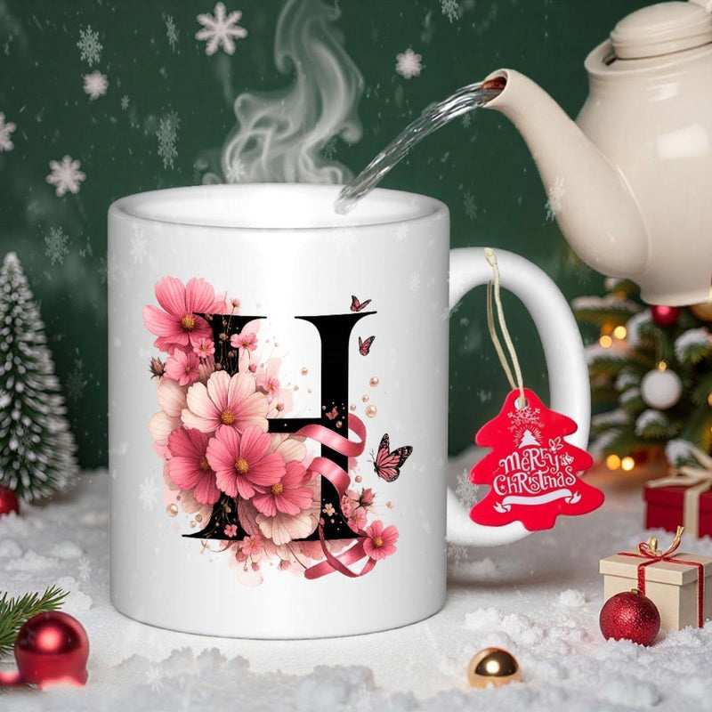 Tailorly White Ceramic 11 oz Mug - H Merry Christmas Beautiful Pink Flowers With Flying Butterflies Wrapped Around Letter Initial