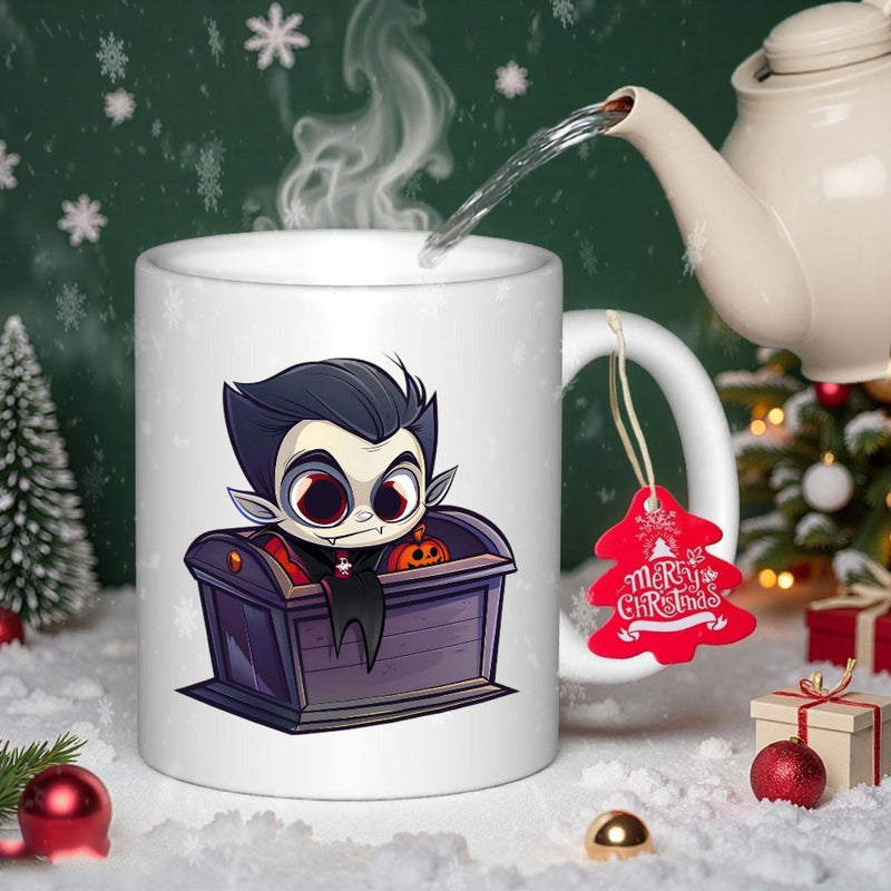 Tailorly White Ceramic 11 oz Mug - Adorable Little Vampire Sitting Inside A Dark Purple Wooden Coffin Vampire