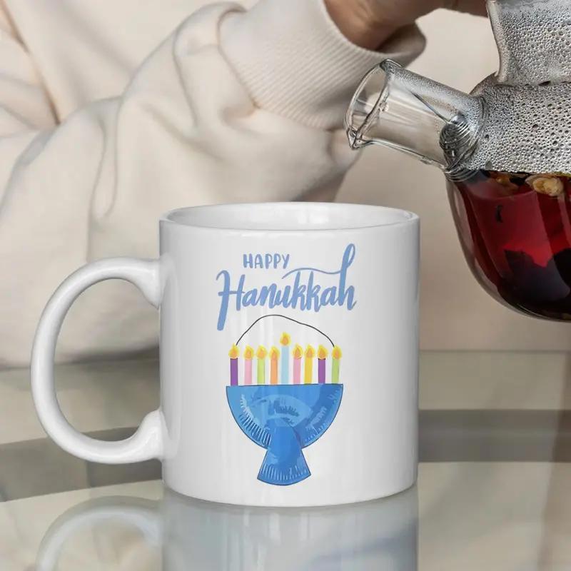 Tailorly White Ceramic 11 oz Mug - Happy Hanukkah Festive Blue Stand With Nine Colorful Burning Candles Menorah