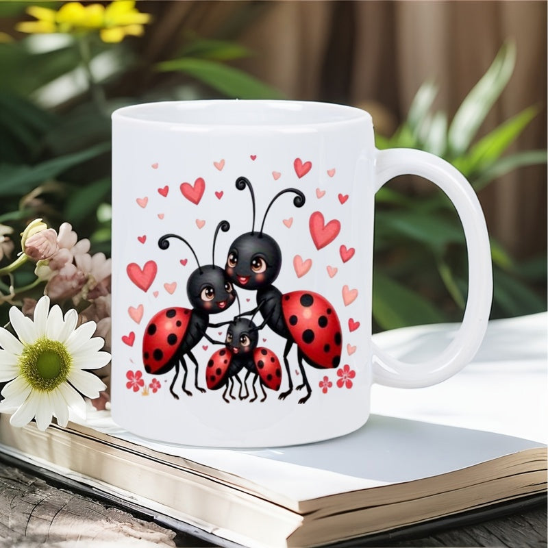 Tailorly White Ceramic 11 oz Mug - Cute Cartoon Family Surrounded By Small Floating Pink Hearts Ladybug