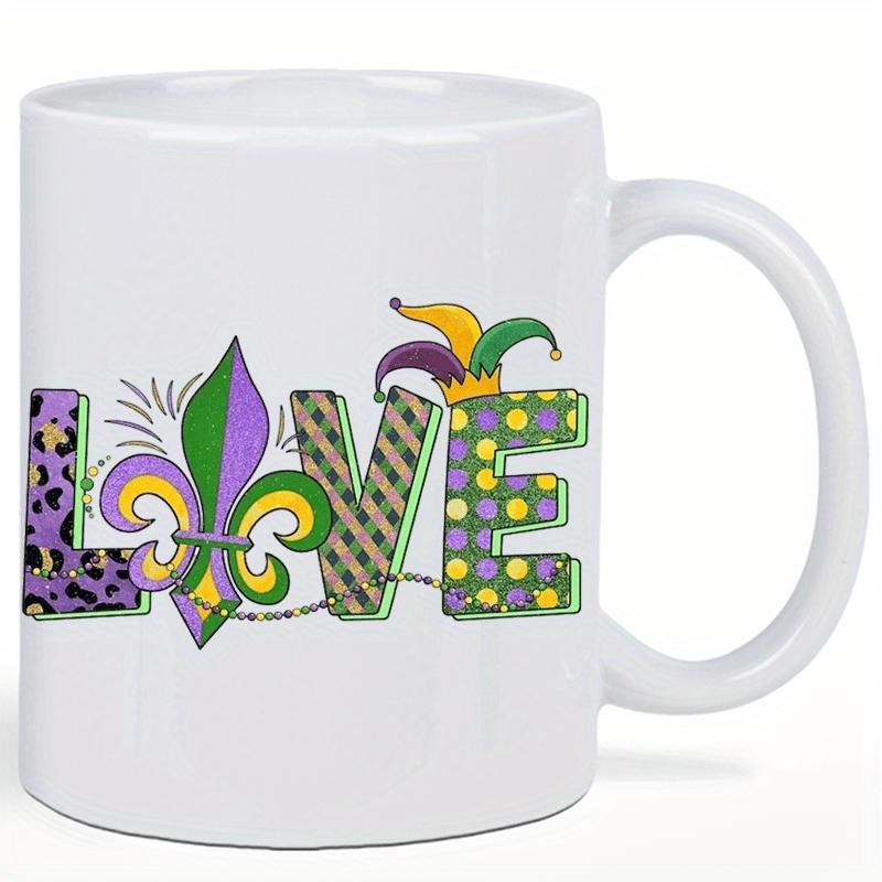 Tailorly White Ceramic 11 oz Mug - Love Festive Mardi Gras Letters With Fleur De Lis And Jester Hat Design