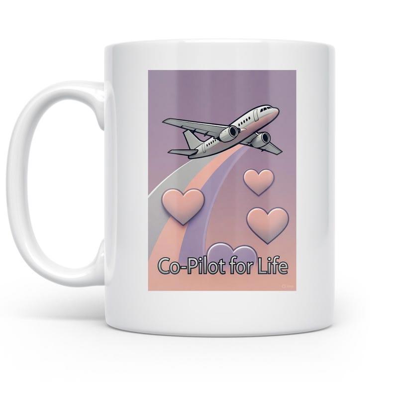 Tailorly White Ceramic 11 oz Mug - Co-Pilot For Life Commercial Jet Flying Through Soft Clouds With Pink Hearts And Rainbow Trail Airplane
