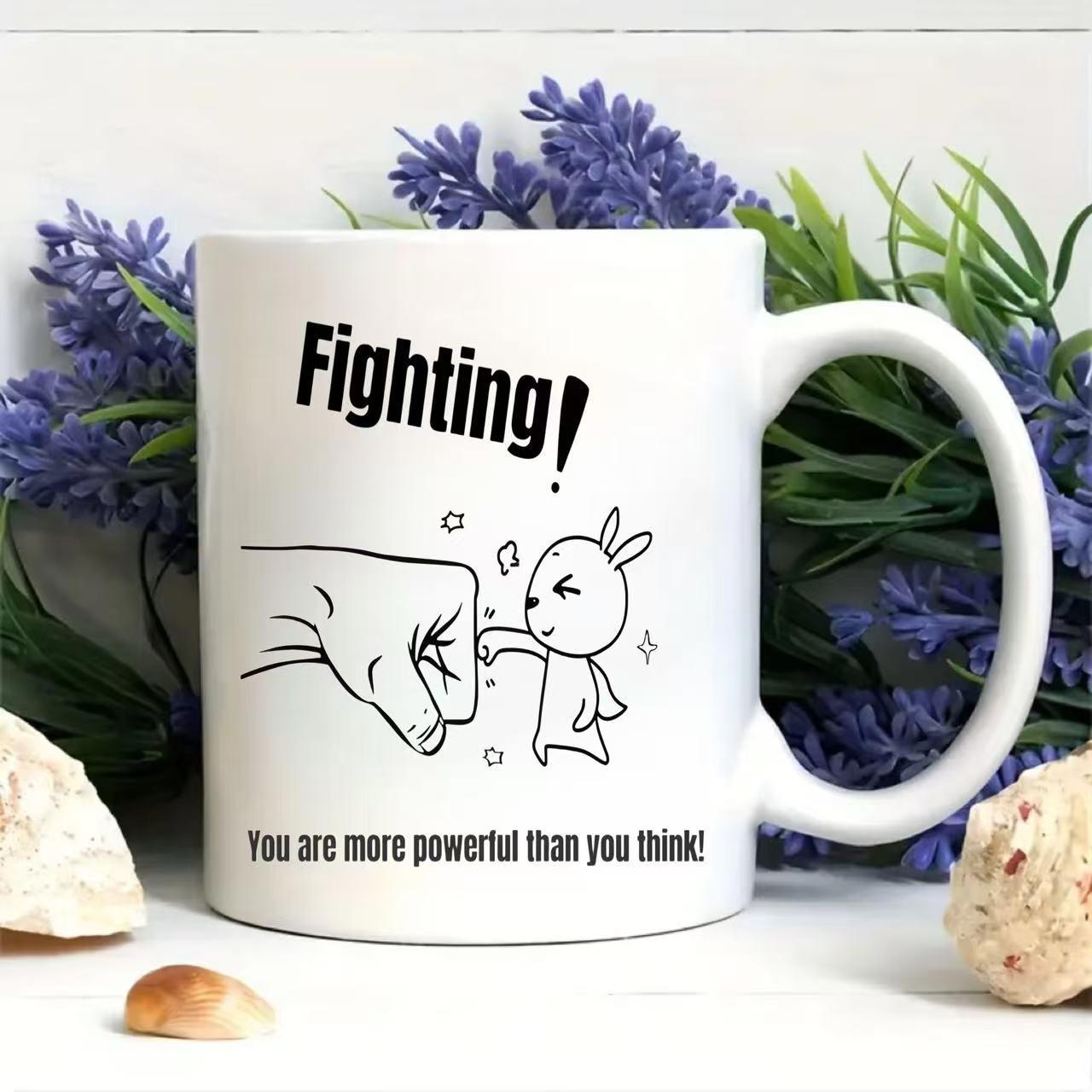 Tailorly White Ceramic 11 oz Mug - Fighting You Are More Powerful Than You Think Minimalist Line Drawing Of Brave Small Rabbit Punching Giant Powerful Fist Rabbit