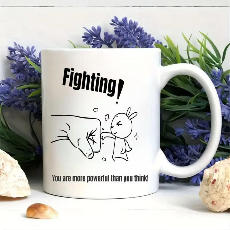 Tailorly White Ceramic 11 oz Mug - Fighting You Are More Powerful Than You Think Minimalist Line Drawing Of Brave Small Rabbit Punching Giant Powerful Fist Rabbit