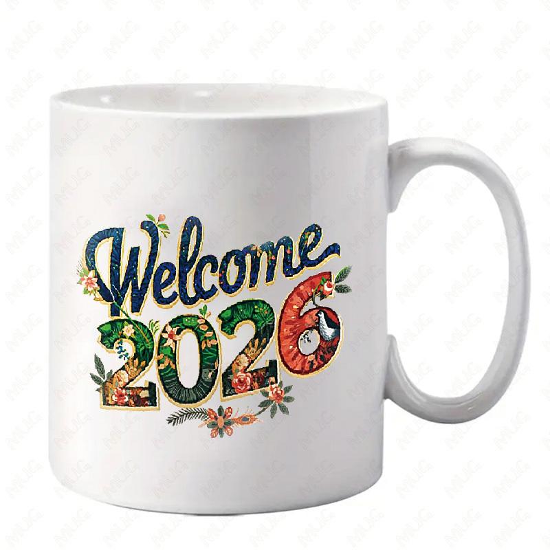 Tailorly White Ceramic 11 oz Mug - Welcome 2026 Vibrant Blooming Flowers And Green Leaves Within Decorative Large Script Year Mug