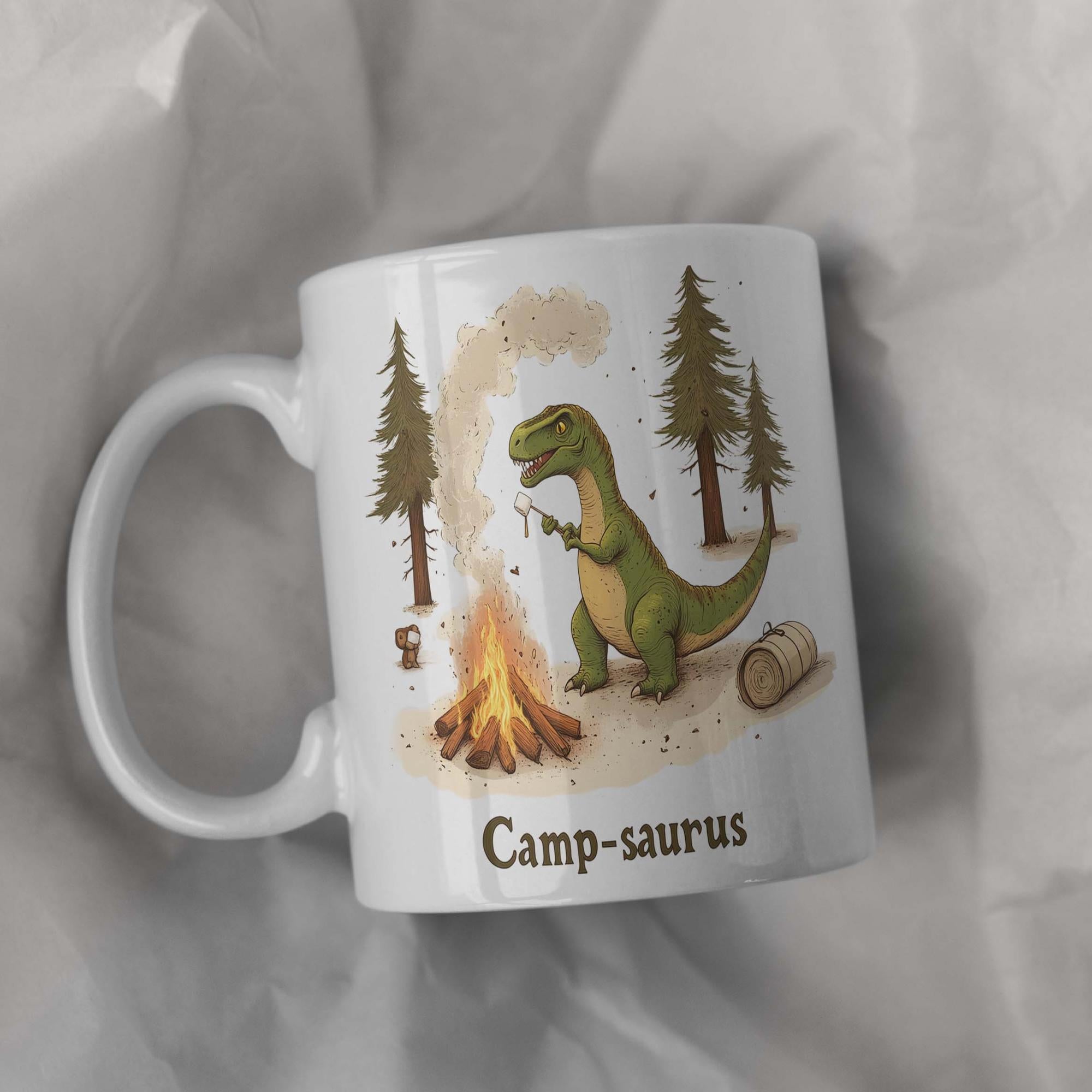 Tailorly White Ceramic 11 oz Mug - Camp Saurus Cute Green Roasting Marshmallows Over A Glowing Campfire In Forest Dinosaur