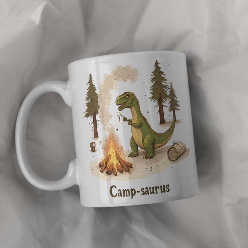 Tailorly White Ceramic 11 oz Mug - Camp Saurus Cute Green Roasting Marshmallows Over A Glowing Campfire In Forest Dinosaur