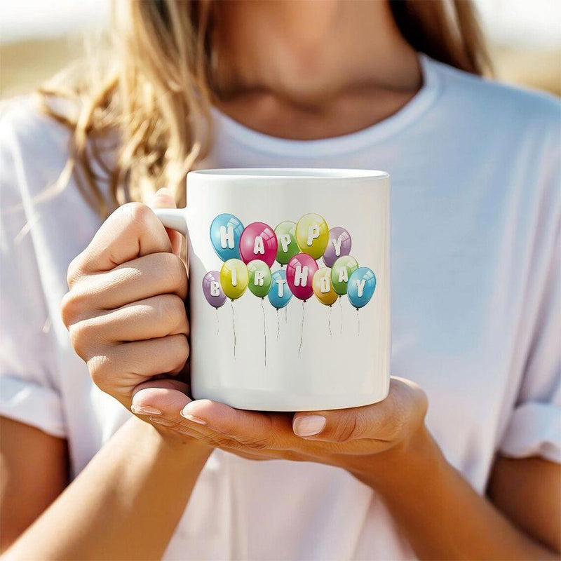 Tailorly White Ceramic 11 oz Mug - Happy Birthday Vibrant Colorful Watercolor Floating Celebration Party Festive Light Airy Balloons