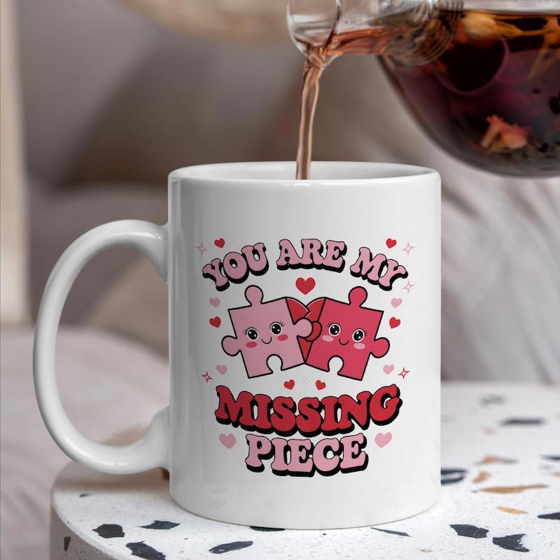 Tailorly White Ceramic 11 oz Mug - You Are My Missing Piece Cute Pink Smiling Puzzle Pieces Holding Hands Surrounded By Tiny Hearts Puzzle
