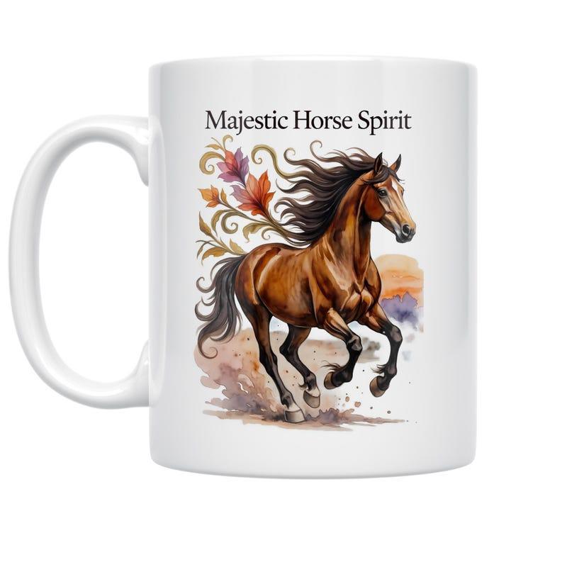 Tailorly White Ceramic 11 oz Mug - Majestic Horse Spirit Powerful Galloping Brown Stallion With Flowing Mane And Autumn Accents Horse
