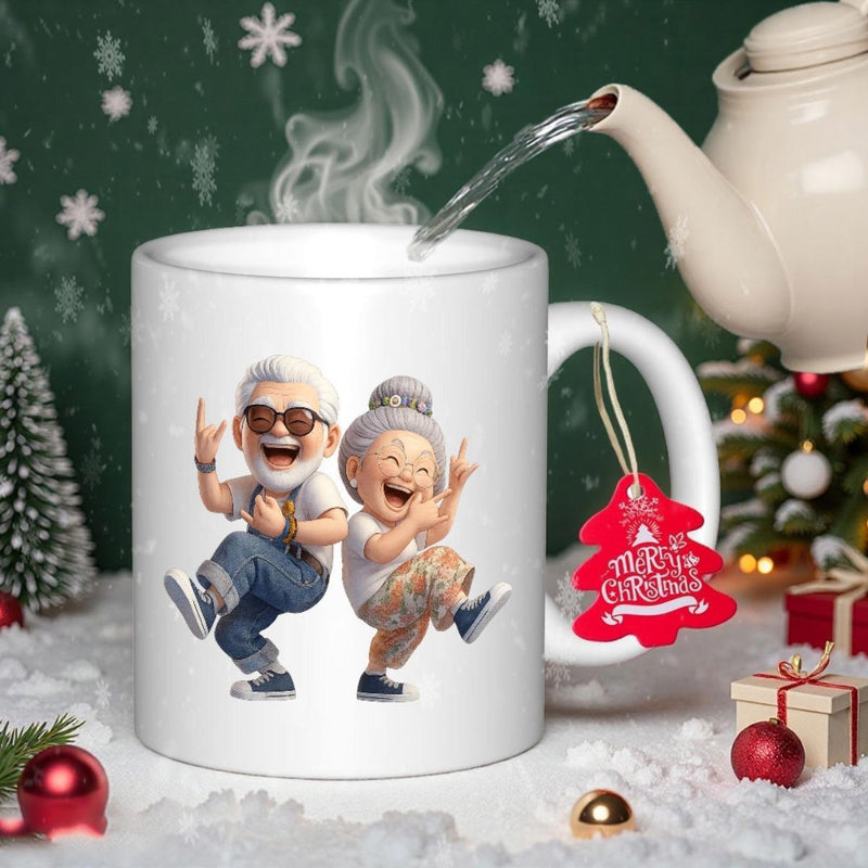 Tailorly White Ceramic 11 oz Mug - Merry Christmas Joyful Senior Couple Dancing Happily Surrounded By Festive Winter Christmas Atmosphere Couple