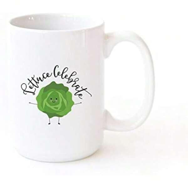 Tailorly White Ceramic 11 oz Mug - Lettuce Celebrate Cute Smiling Green Character Dancing With Small Arms And Legs Lettuce