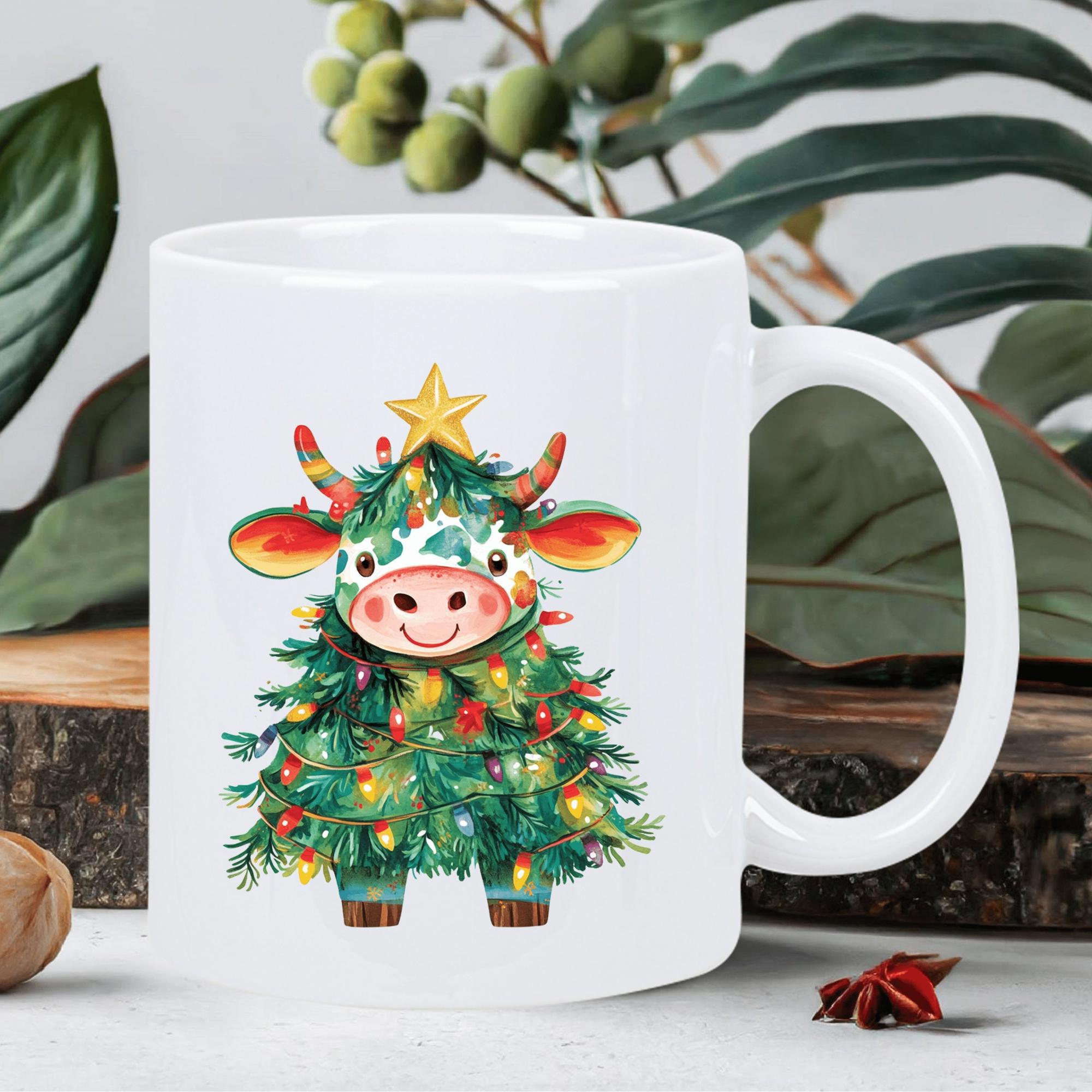 Tailorly White Ceramic 11 oz Mug - Festive Watercolor Cow Merged With Christmas Tree And Sparkling Lights Cow