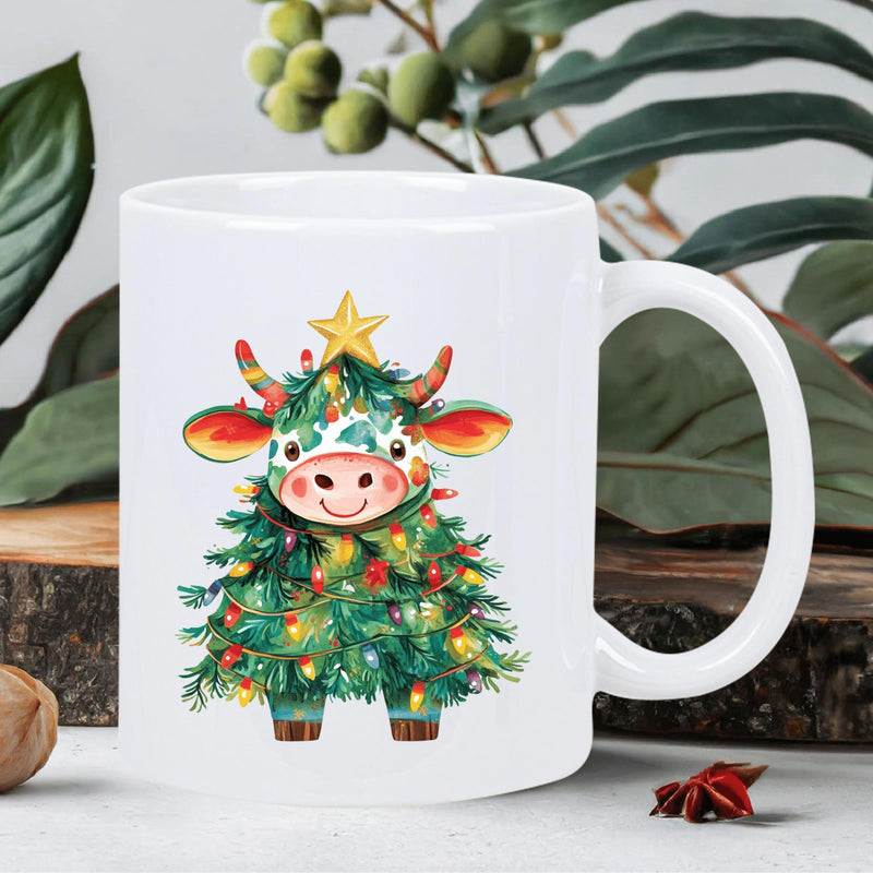 Tailorly White Ceramic 11 oz Mug - Festive Watercolor Cow Merged With Christmas Tree And Sparkling Lights Cow