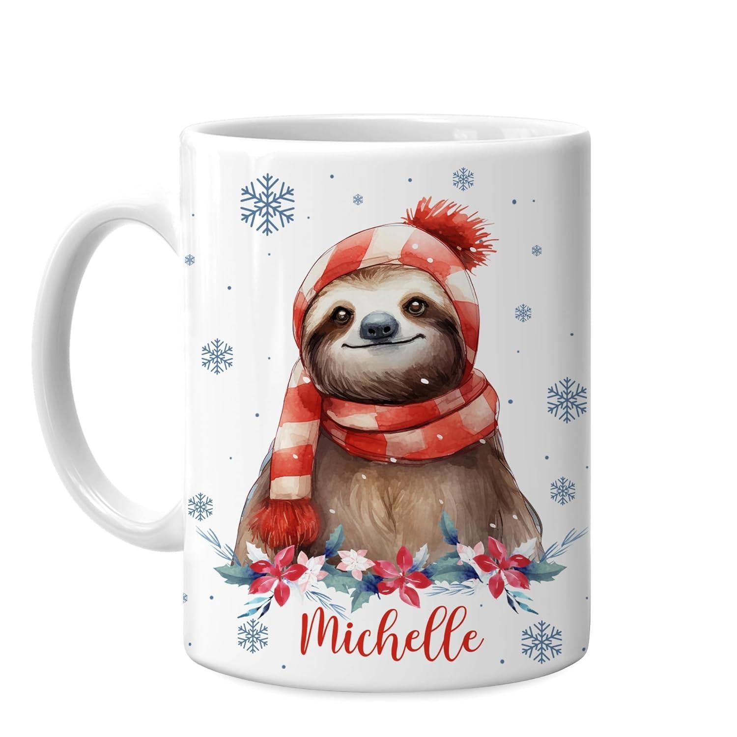 Tailorly White Ceramic 11 oz Mug - Michelle Cute Sloth Wearing Winter Hat And Scarf Among Falling Blue Snowflakes Sloth