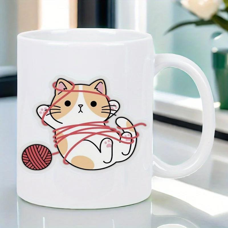 Tailorly White Ceramic 11 oz Mug - Chubby Little Calico Kitten Tangled In Messy Red Ball Of Yarn Cat