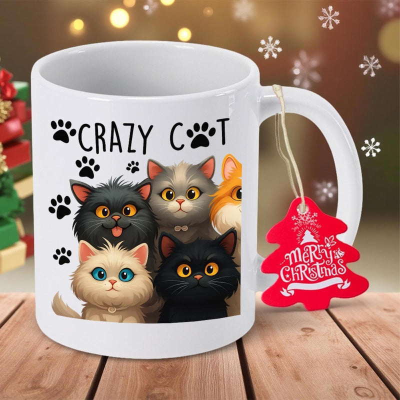 Tailorly White Ceramic 11 oz Mug - Crazy Cat Merry Christmas Adorable Group Of Diverse Fluffy Kittens With Playful Black Paw Prints Cats
