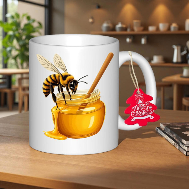 Tailorly White Ceramic 11 oz Mug - Merry Christmas Vibrant Golden Jar Of Sweet Nectar With A Detailed Flying Honeybee