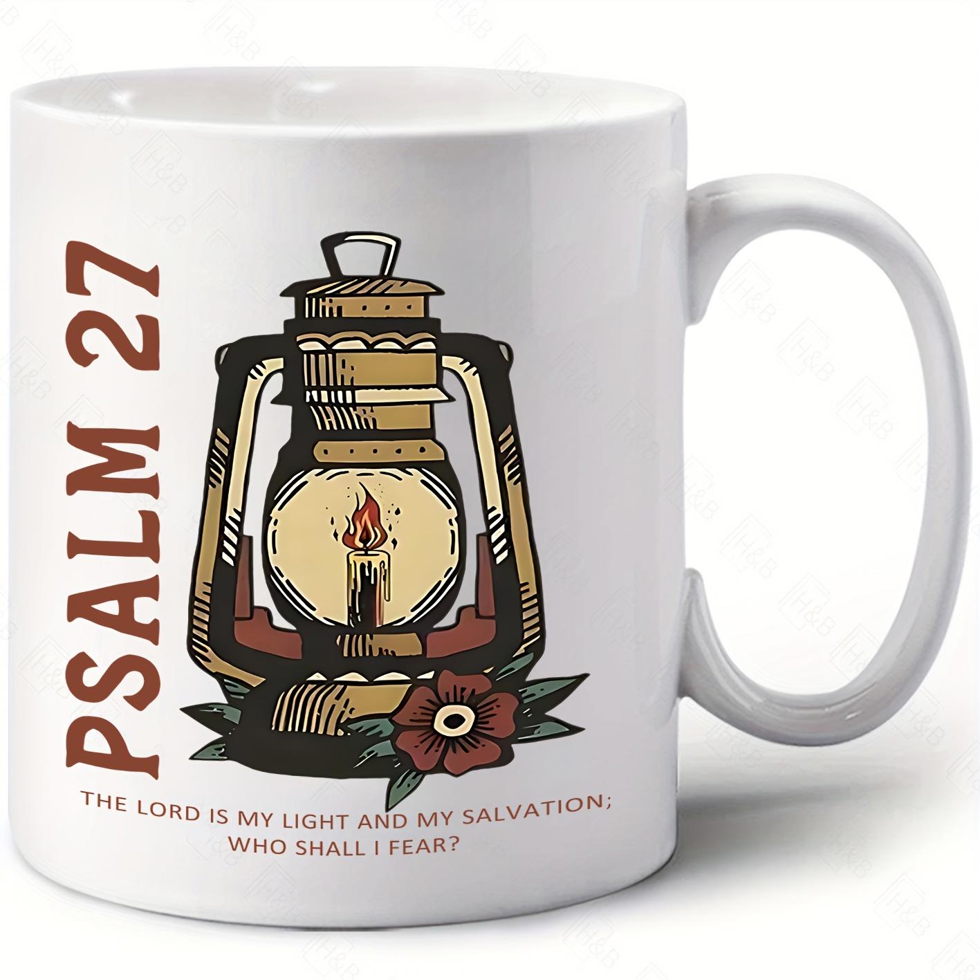 Tailorly White Ceramic 11 oz Mug - Psalm 27 The Lord Is My Light And My Salvation Whom Shall I Fear Vintage Lantern Illuminated By Candle Surrounded By Floral