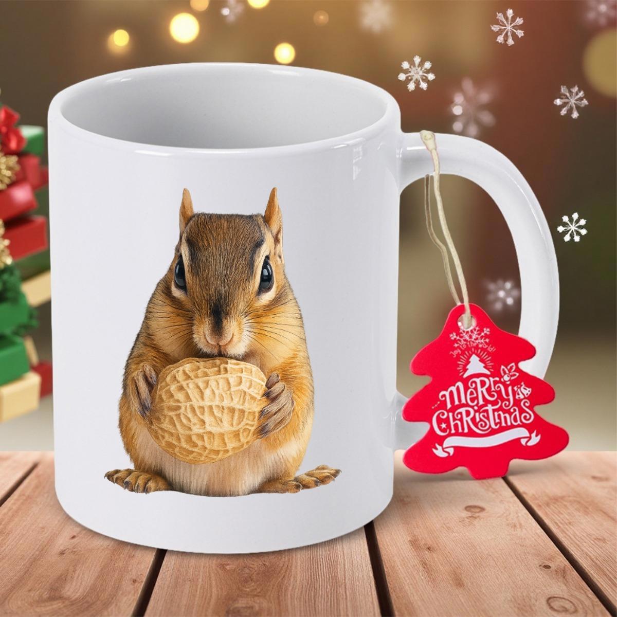 Tailorly White Ceramic 11 oz Mug - Merry Christmas Adorable Tiny Chipmunk Holding A Large Peanut On Pure White Surface Chipmunk
