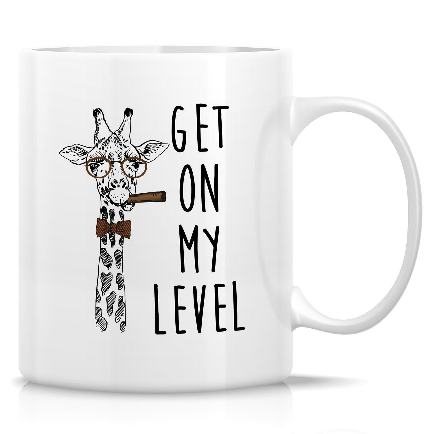 Tailorly White Ceramic 11 oz Mug - Get On My Level Whimsical Sketch Of A Sophisticated Smoking Animal With Glasses Giraffe