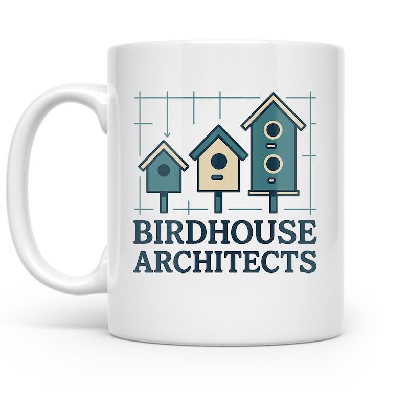 Tailorly White Ceramic 11 oz Mug - Birdhouse Architects Three Teal Architectural Dwellings On A Vintage Blueprint Grid Background Birdhouse