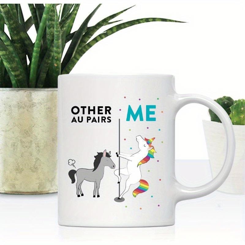 Tailorly White Ceramic 11 oz Mug - Other Au Pairs Me Playful Dancing Rainbow Unicorn With Confetti And Tiny Grey Donkey Unicorn