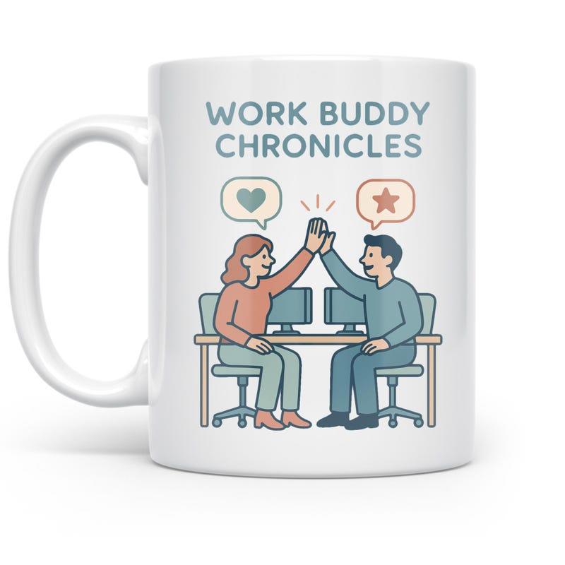 Tailorly White Ceramic 11 oz Mug - Work Buddy Chronicles Happy Office Coworkers Giving High Five Amidst Modern Workspace Desks Colleagues