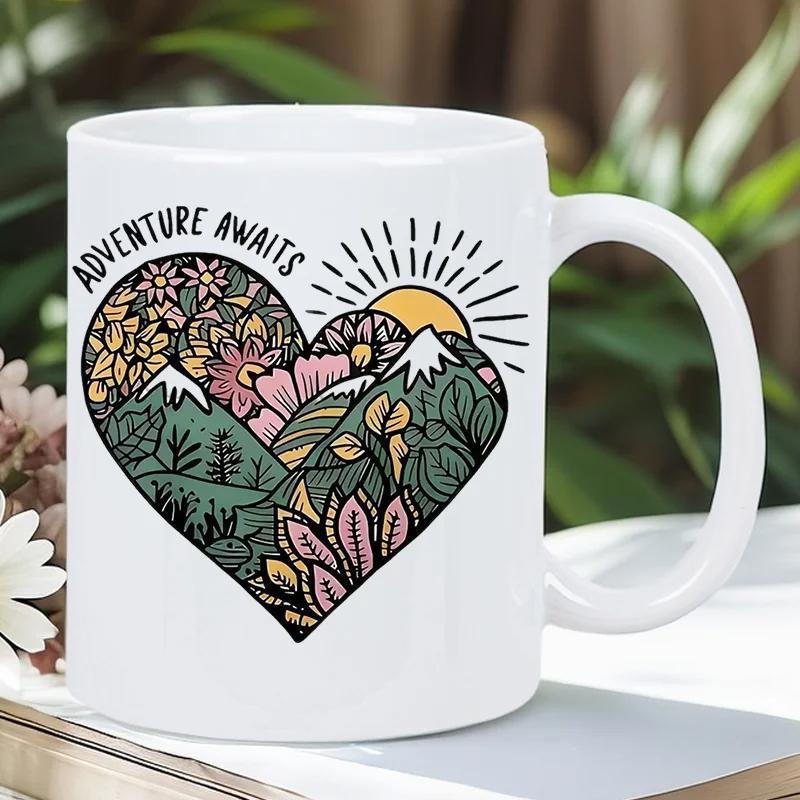 Tailorly White Ceramic 11 oz Mug - Adventure Awaits Serene Mountain Peaks Nestled Within Flowering Garden Under Rising Sun Heart