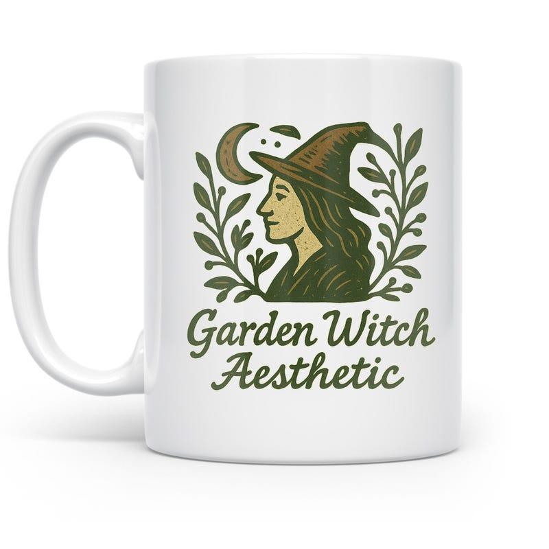 Tailorly White Ceramic 11 oz Mug - Garden Witch Aesthetic Mystical Lady Wearing Pointed Hat Among Detailed Green Leaves And Moon Witch