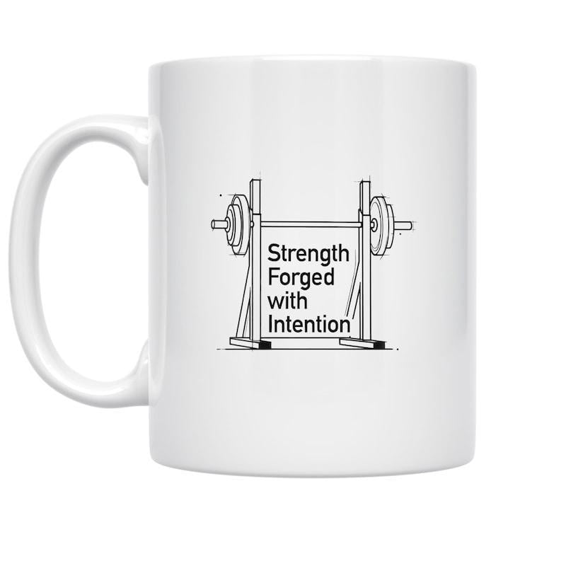 Tailorly White Ceramic 11 oz Mug - Strength Forged With Intention Heavy Barbell Set On Squat Rack For Intense Fitness Bodybuilding Training Barbell