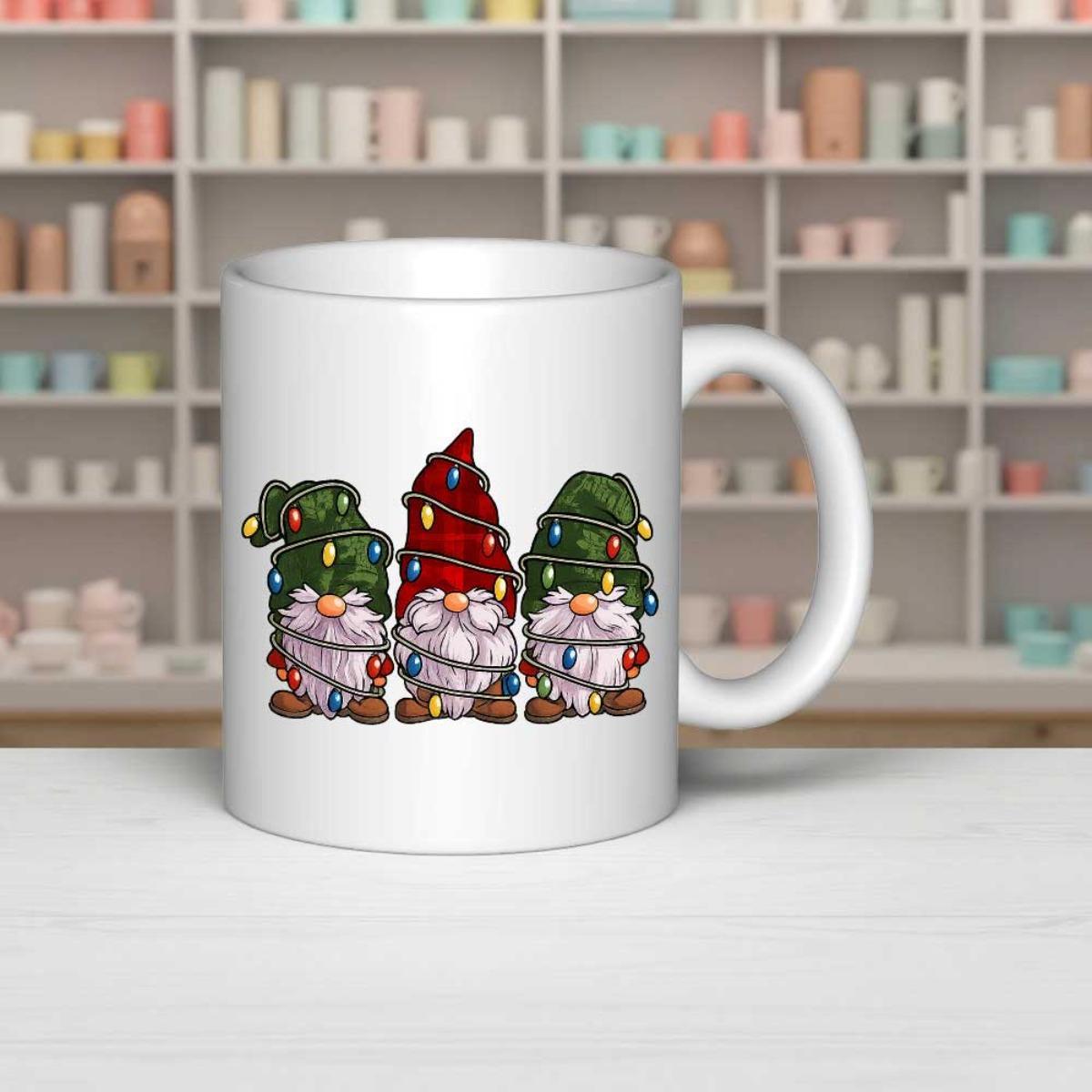 Tailorly White Ceramic 11 oz Mug - Three Festive Holiday Characters Wrapped In Vibrant Colorful Twinkling Fairy Lights Gnome