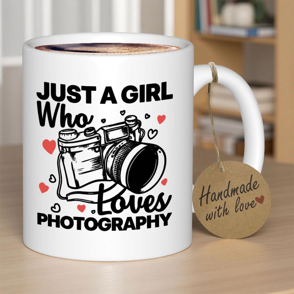 Tailorly White Ceramic 11 oz Mug - Just A Girl Who Loves Photography Vintage Style Manual Camera Surrounded By Floating Red And Outline Hearts Camera