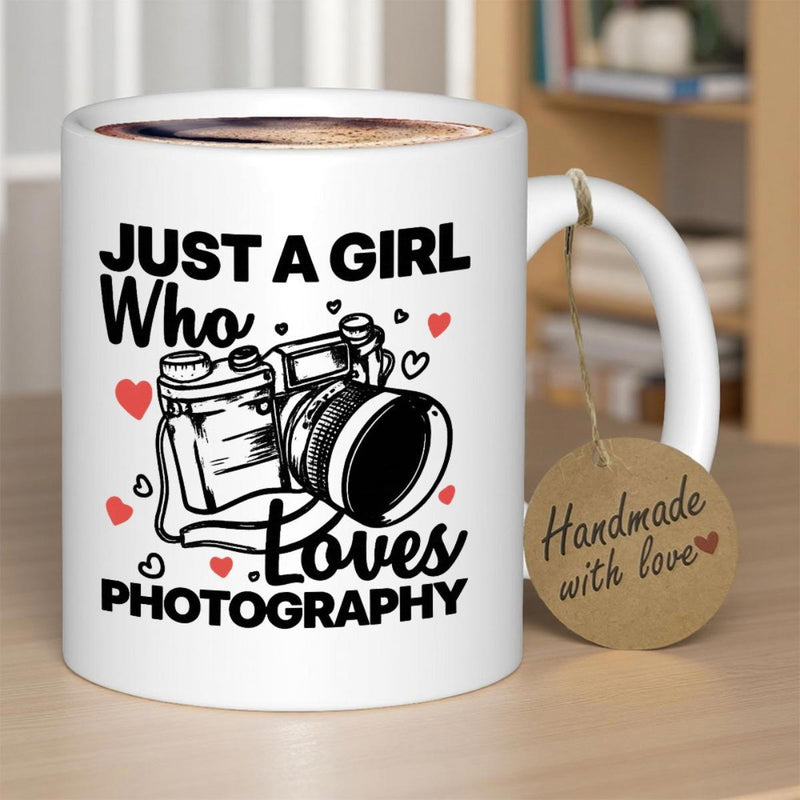 Tailorly White Ceramic 11 oz Mug - Just A Girl Who Loves Photography Vintage Style Manual Camera Surrounded By Floating Red And Outline Hearts Camera