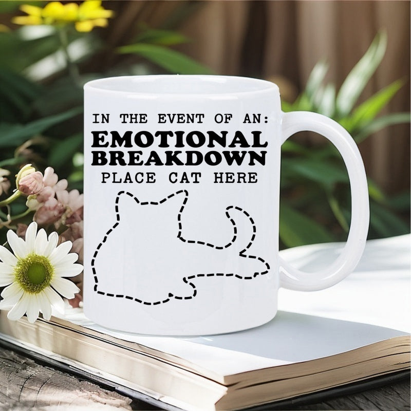 Tailorly White Ceramic 11 oz Mug - In The Event Of An Emotional Breakdown Place Cat Here Minimalist Dashed Outline Of A Sitting Feline Resting On Smooth Porcelain