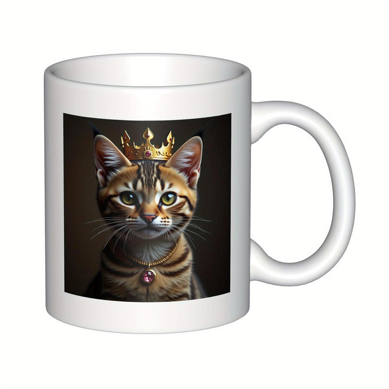 Tailorly White Ceramic 11 oz Mug - Majestic Tabby Wearing Golden Crown And Elegant Ruby Jewel Necklace Cat