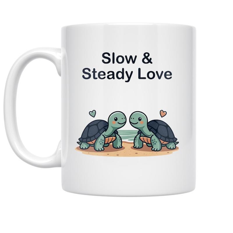 Tailorly White Ceramic 11 oz Mug - Slow Steady Love Two Adorable Cartoon Turtles Facing Each Other On A Sunny Beach Turtle