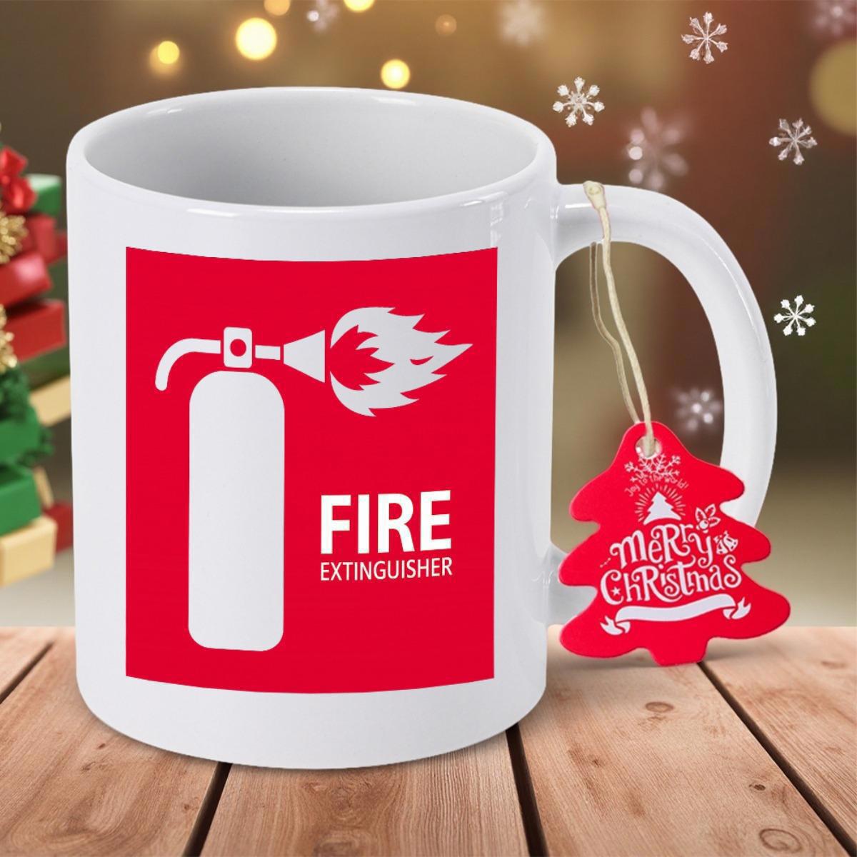 Tailorly White Ceramic 11 oz Mug - Fire Extinguisher Vibrant Red Safety Sign Graphic Spraying Bright Flames For Emergency Use Extinguisher