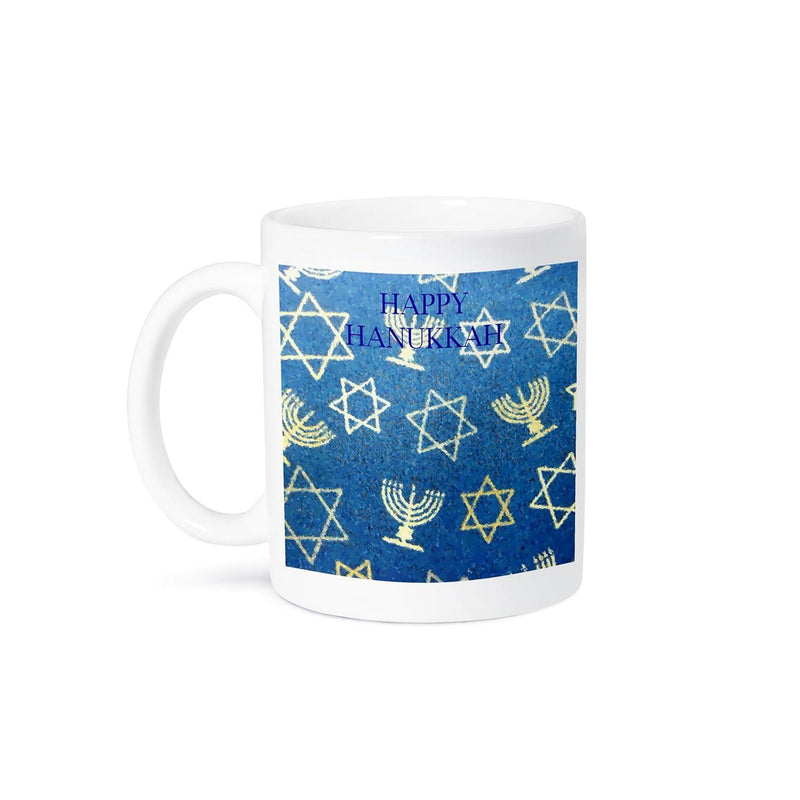 Tailorly White Ceramic 11 oz Mug - Happy Hanukkah Stars Of David And Golden Menorahs Over Textured Blue Festive Background Mug