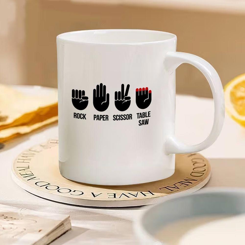 Tailorly White Ceramic 11 oz Mug - Rock Paper Scissors Table Saw Minimalist Graphic Hand Silhouettes Representing A Humorous Woodworking Accident Hand
