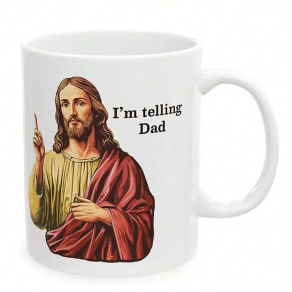 Tailorly White Ceramic 11 oz Mug - Im Telling Dad Classic Religious Figure Raising Finger In Warning Beside Humorous Bold Text Jesus