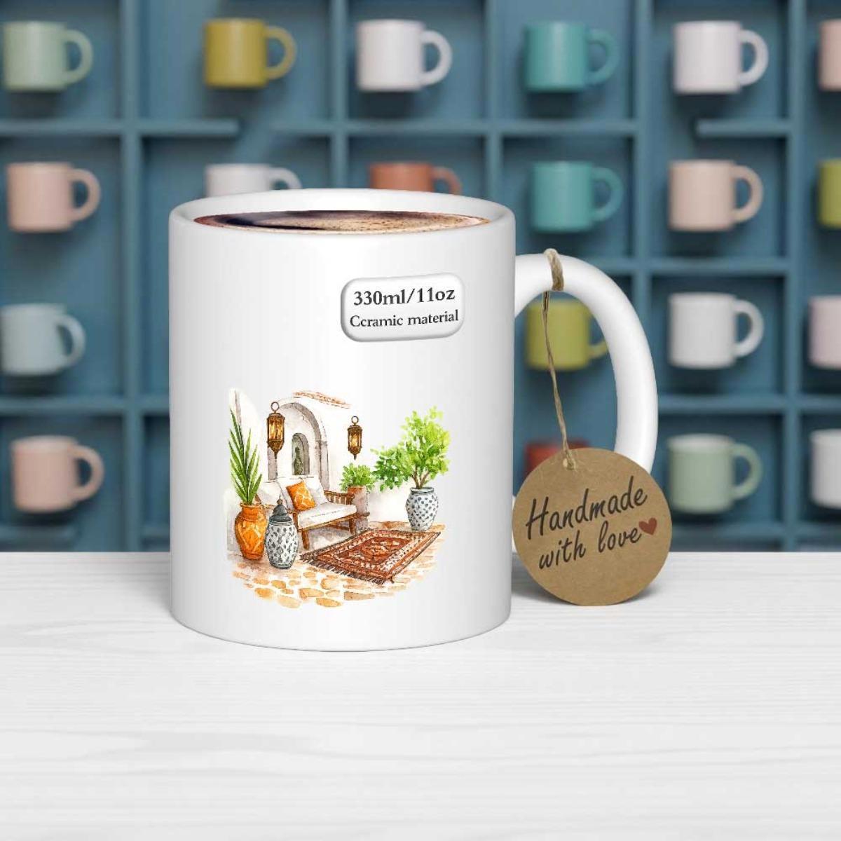 Tailorly White Ceramic 11 oz Mug - Handmade With Love Cozy Mediterranean Patio Scene Featuring Potted Plants And Woven Rug Mug