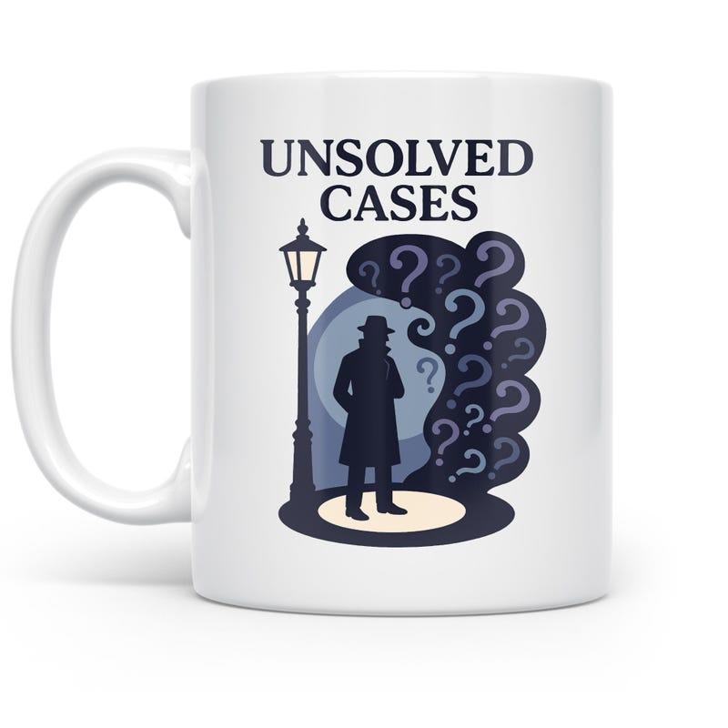 Tailorly White Ceramic 11 oz Mug - Unsolved Cases Mysterious Shadow Standing Under Vintage Street Lamp With Question Marks Detective