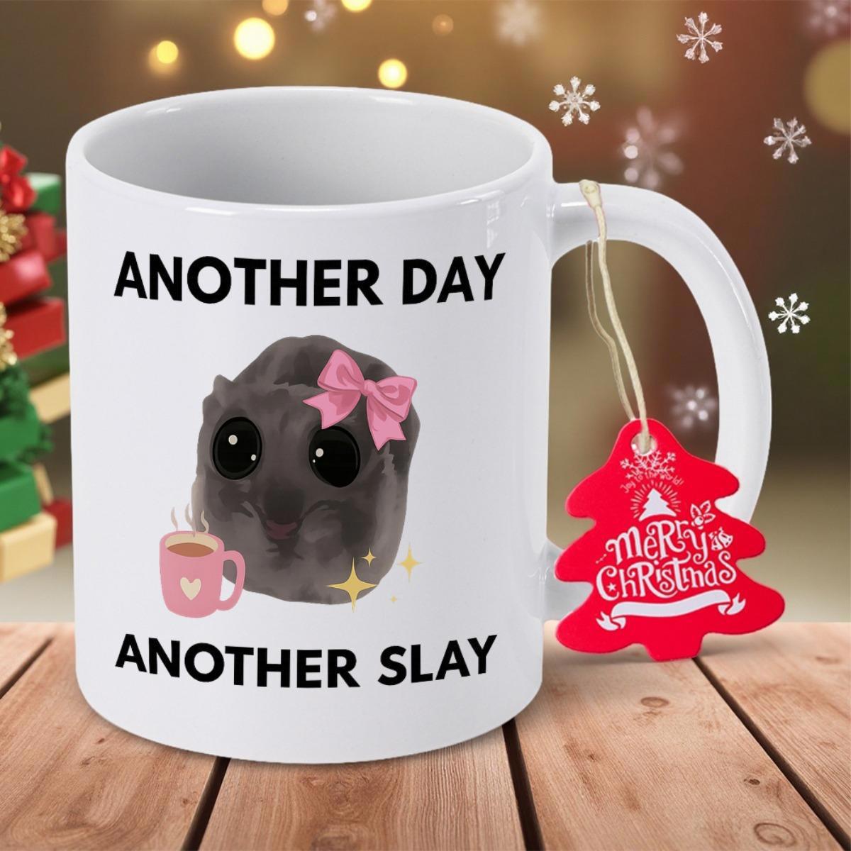 Tailorly White Ceramic 11 oz Mug - Another Day Another Slay Cute Little Dark Furry Creature Wearing Pink Bow Sipping Hot Heart Cup Hamster