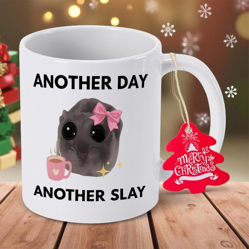 Tailorly White Ceramic 11 oz Mug - Another Day Another Slay Cute Little Dark Furry Creature Wearing Pink Bow Sipping Hot Heart Cup Hamster