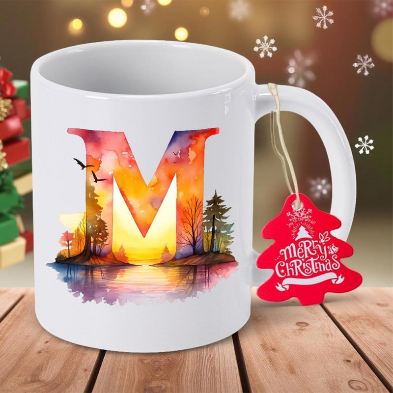 Tailorly White Ceramic 11 oz Mug - Merry Christmas Vibrant Watercolor Sunset Landscape With Pine Trees And Water Reflections Letter